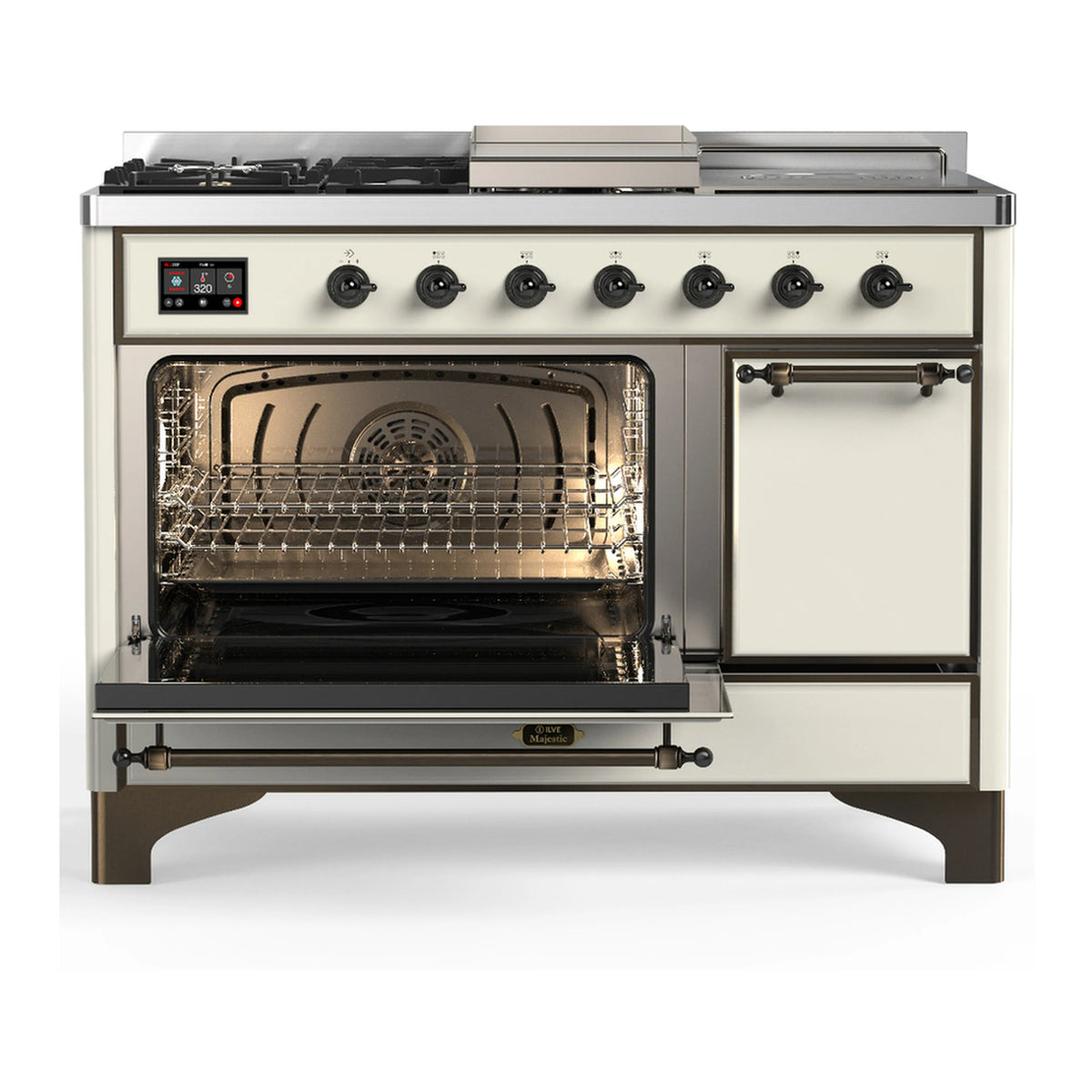 Antique white dual fuel range with left oven open and right storage door closed