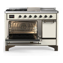 ILVE Majestic III 48-inch Dual Fuel Range with 5 Liquid Propane Burner, Griddle, French Top and Solid Door Electric Oven in Antique White with Burnished Trim (UM48FSQNR3AWBLP)