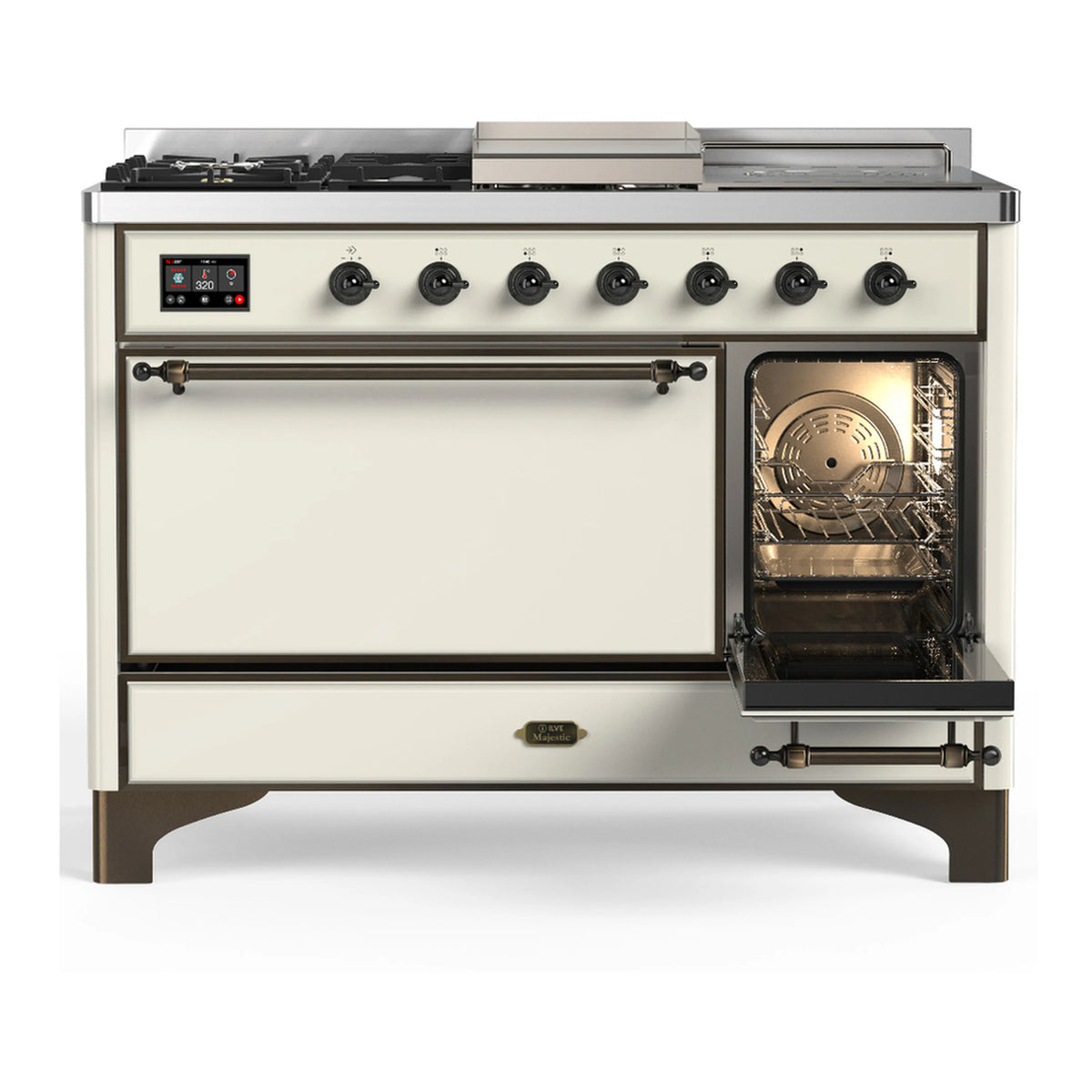 Antique white dual fuel range with left oven door open and right side door closed
