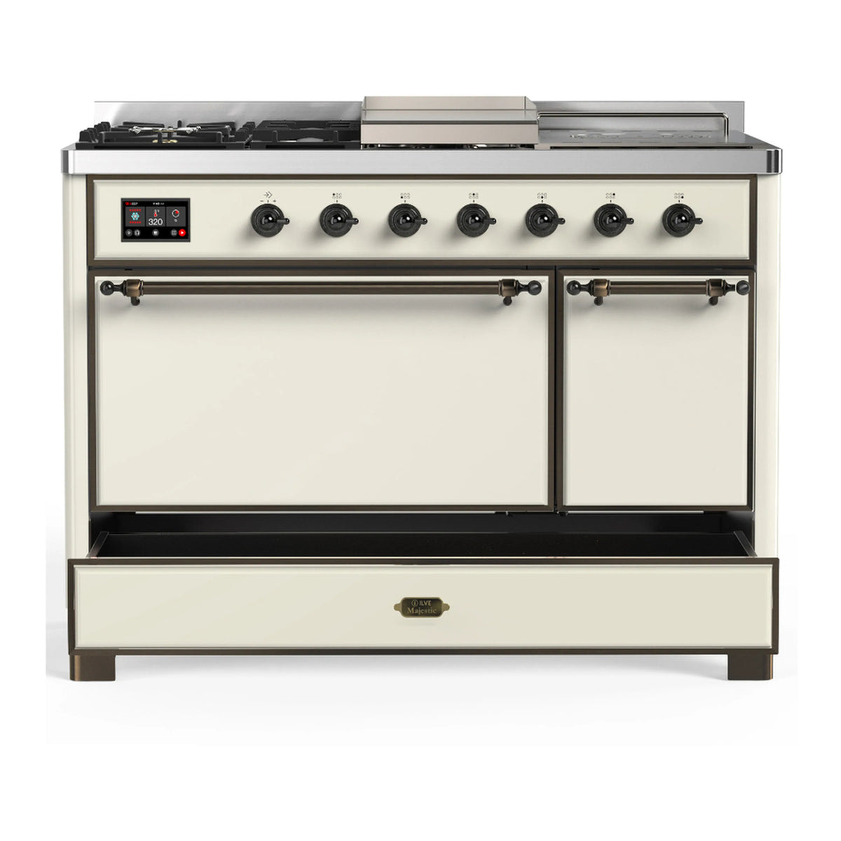 Antique white dual oven range with burnished handles and front storage drawer