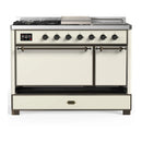 ILVE Majestic III 48-inch Dual Fuel Range with 5 Liquid Propane Burner, Griddle, French Top and Solid Door Electric Oven in Antique White with Burnished Trim (UM48FSQNR3AWBLP)