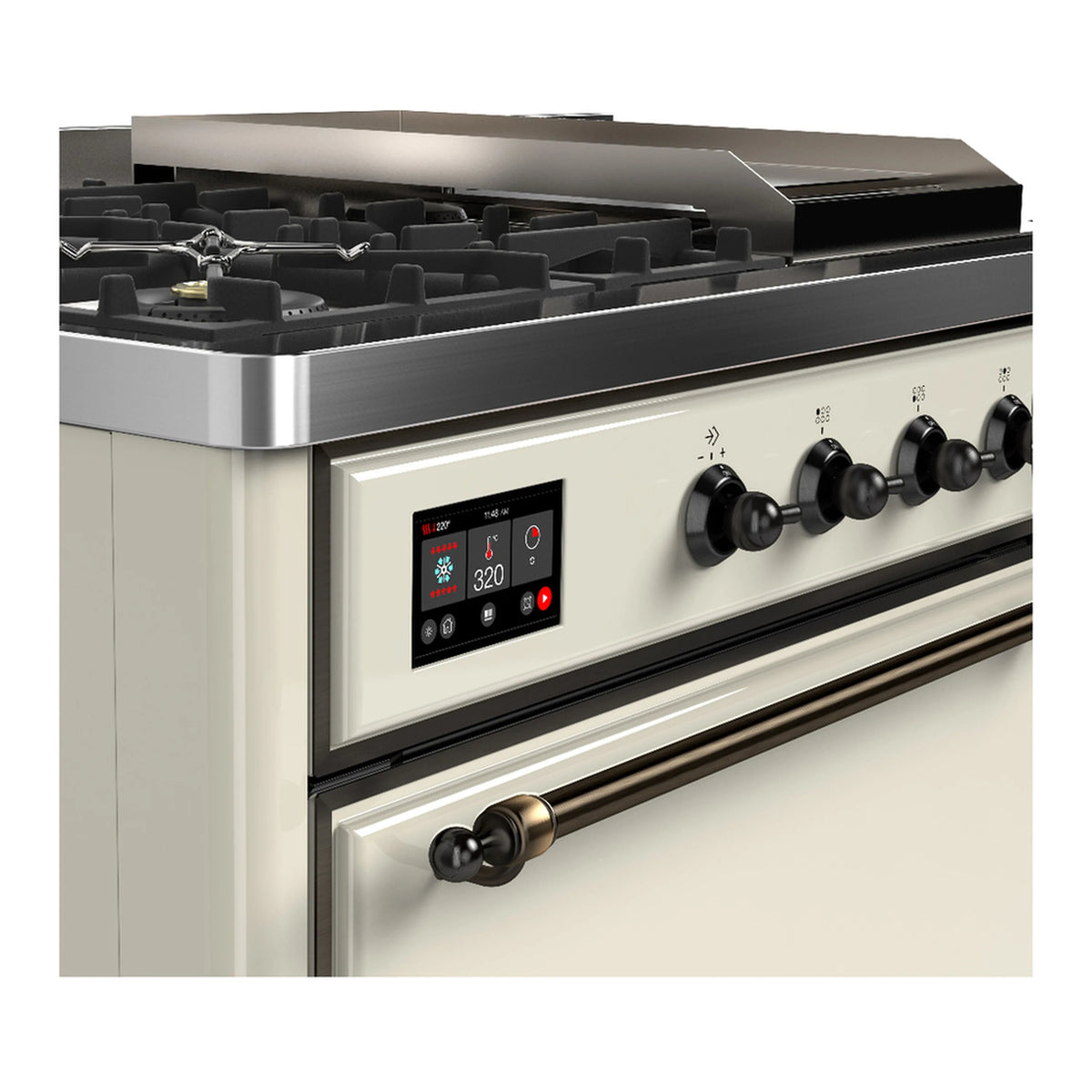 Dual fuel range control panel with digital display and black control knobs