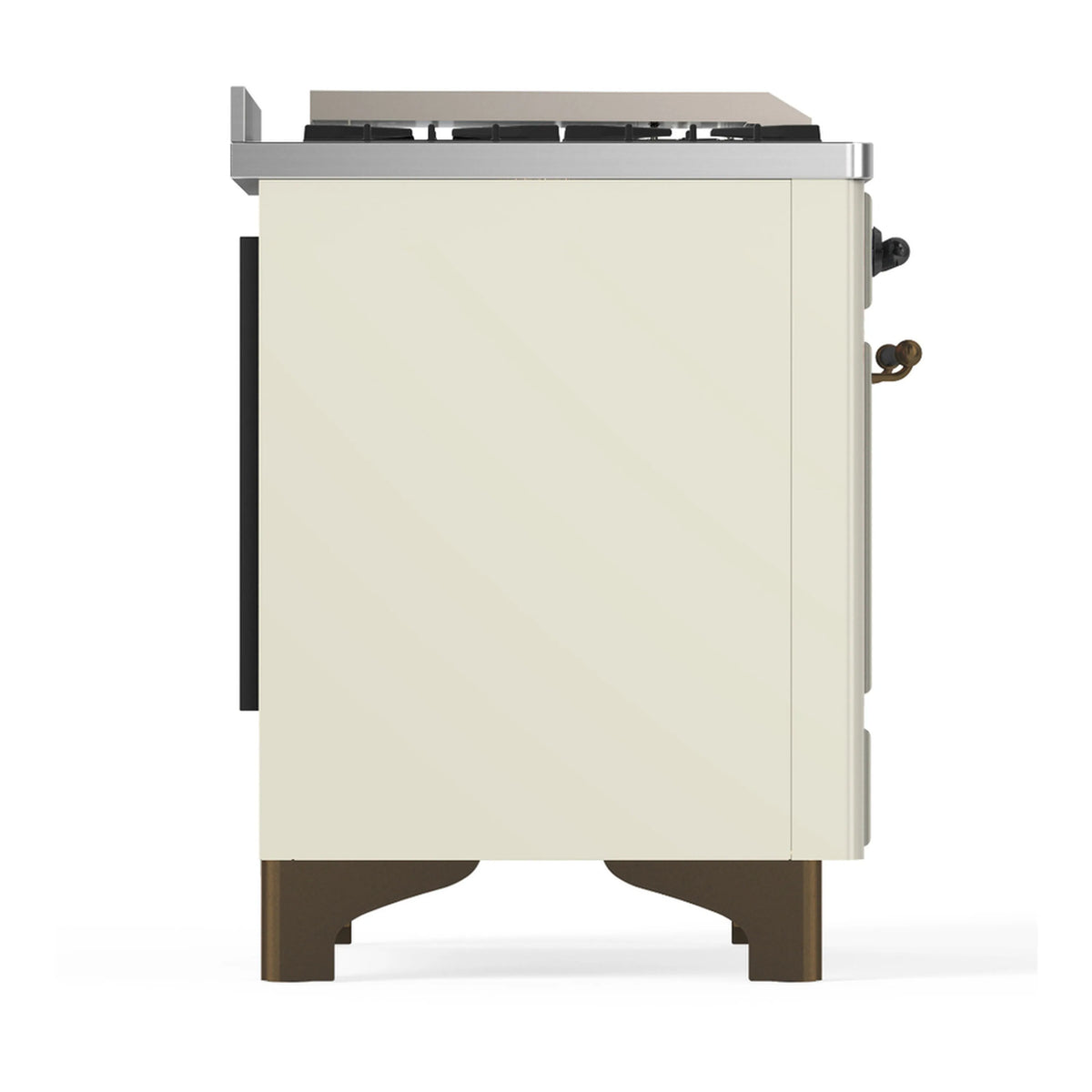 Antique white side panel of dual fuel range with side handle and top griddle area