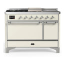 ILVE Majestic III 48-inch Dual Fuel Range with 5 Natural Gas Burner, Griddle, French Top and Solid Door Electric Oven in Antique White with Chrome Trim (UM48FSQNR3AWC)