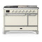 ILVE Majestic III 48-inch Dual Fuel Range with 5 Natural Gas Burner, Griddle, French Top and Solid Door Electric Oven in Antique White with Chrome Trim (UM48FSQNR3AWC)