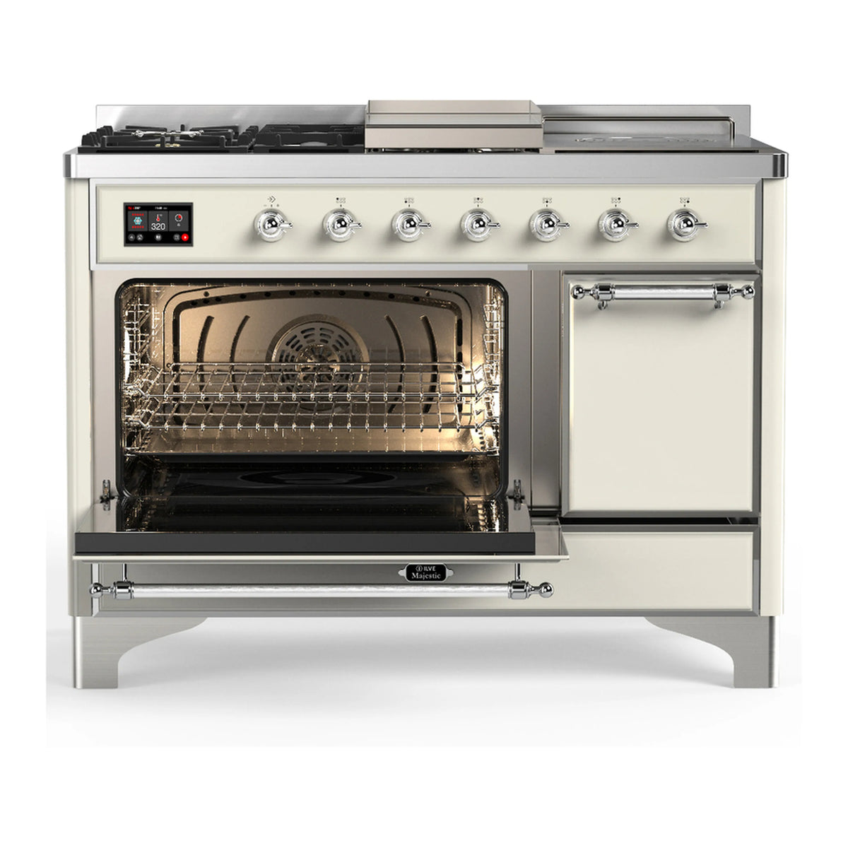 Antique white dual fuel range with left oven door open, racks and lighting visible
