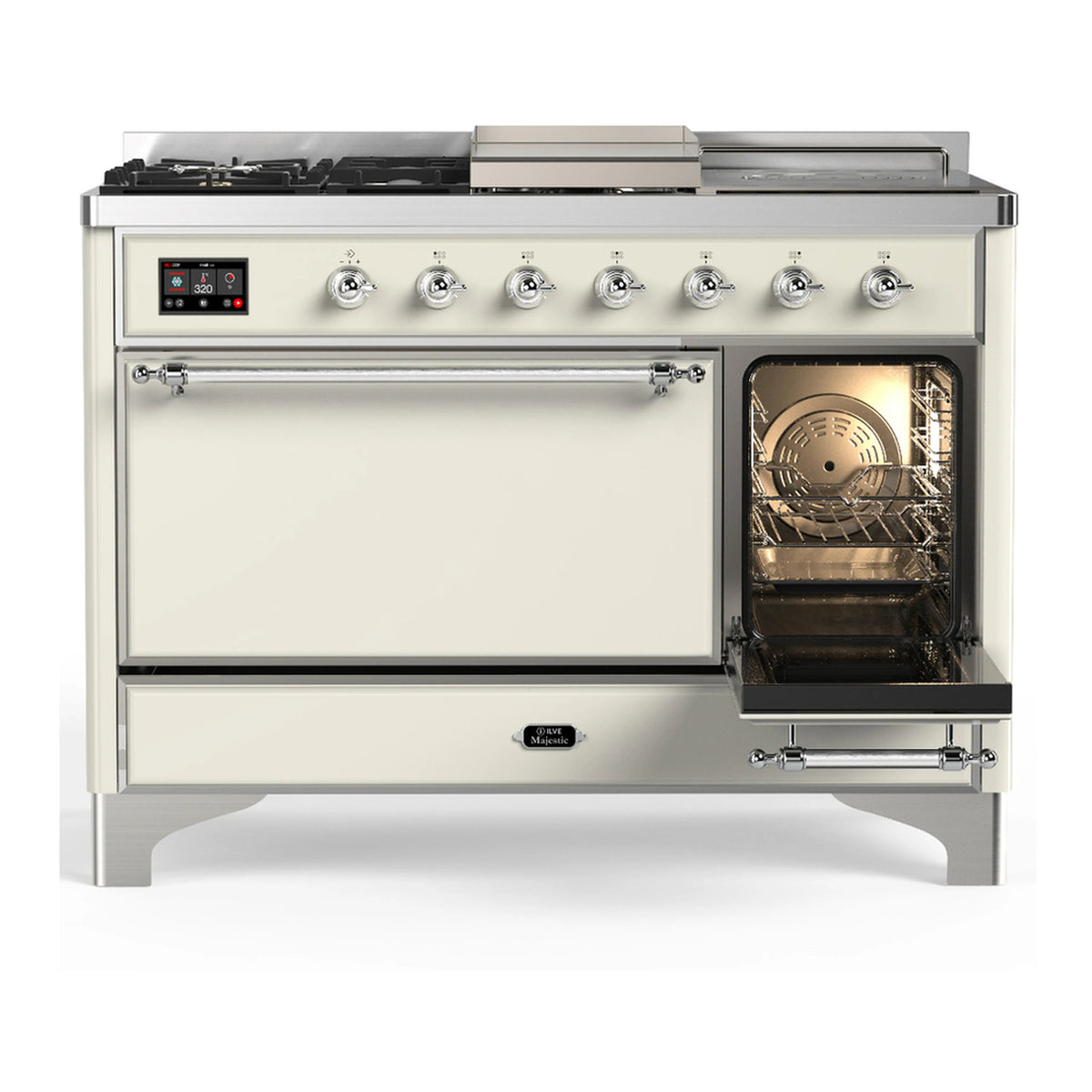 Antique white dual fuel range with right oven door open, oven racks and interior light