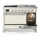 ILVE Majestic III 48-inch Dual Fuel Range with 5 Natural Gas Burner, Griddle, French Top and Solid Door Electric Oven in Antique White with Chrome Trim (UM48FSQNR3AWC)