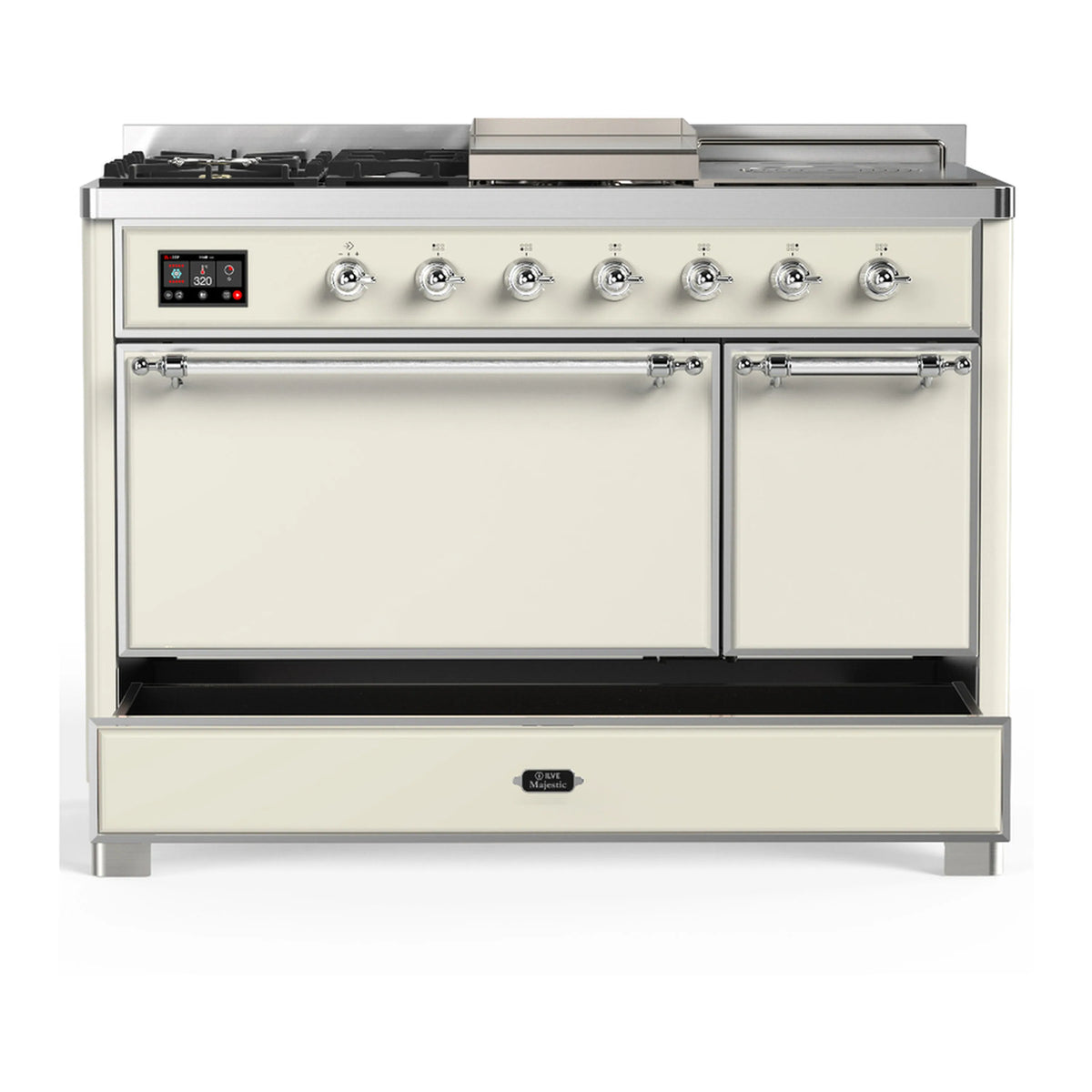 Antique white dual fuel range with chrome trim, closed oven doors and storage drawers