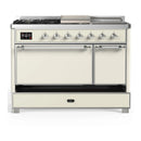 ILVE Majestic III 48-inch Dual Fuel Range with 5 Natural Gas Burner, Griddle, French Top and Solid Door Electric Oven in Antique White with Chrome Trim (UM48FSQNR3AWC)