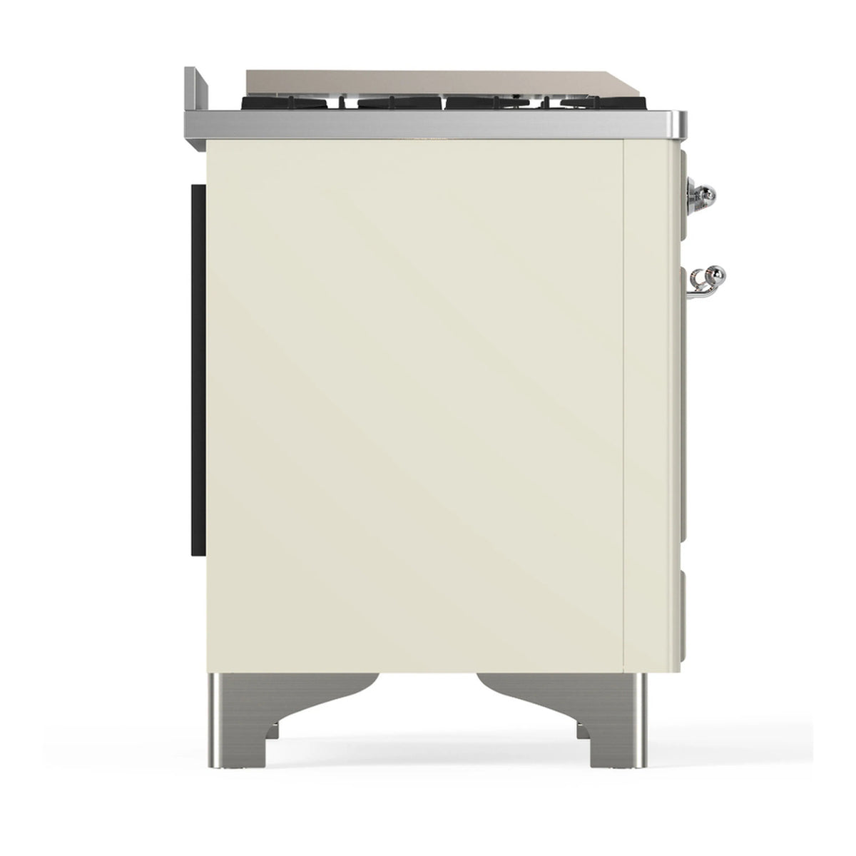 Antique white side panel of dual fuel range with chrome accents and raised legs