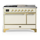 ILVE Majestic III 48-inch Dual Fuel Range with 5 Natural Gas Burner, Griddle, French Top and Solid Door Electric Oven in Antique White with Brass Trim (UM48FSQNR3AWG)