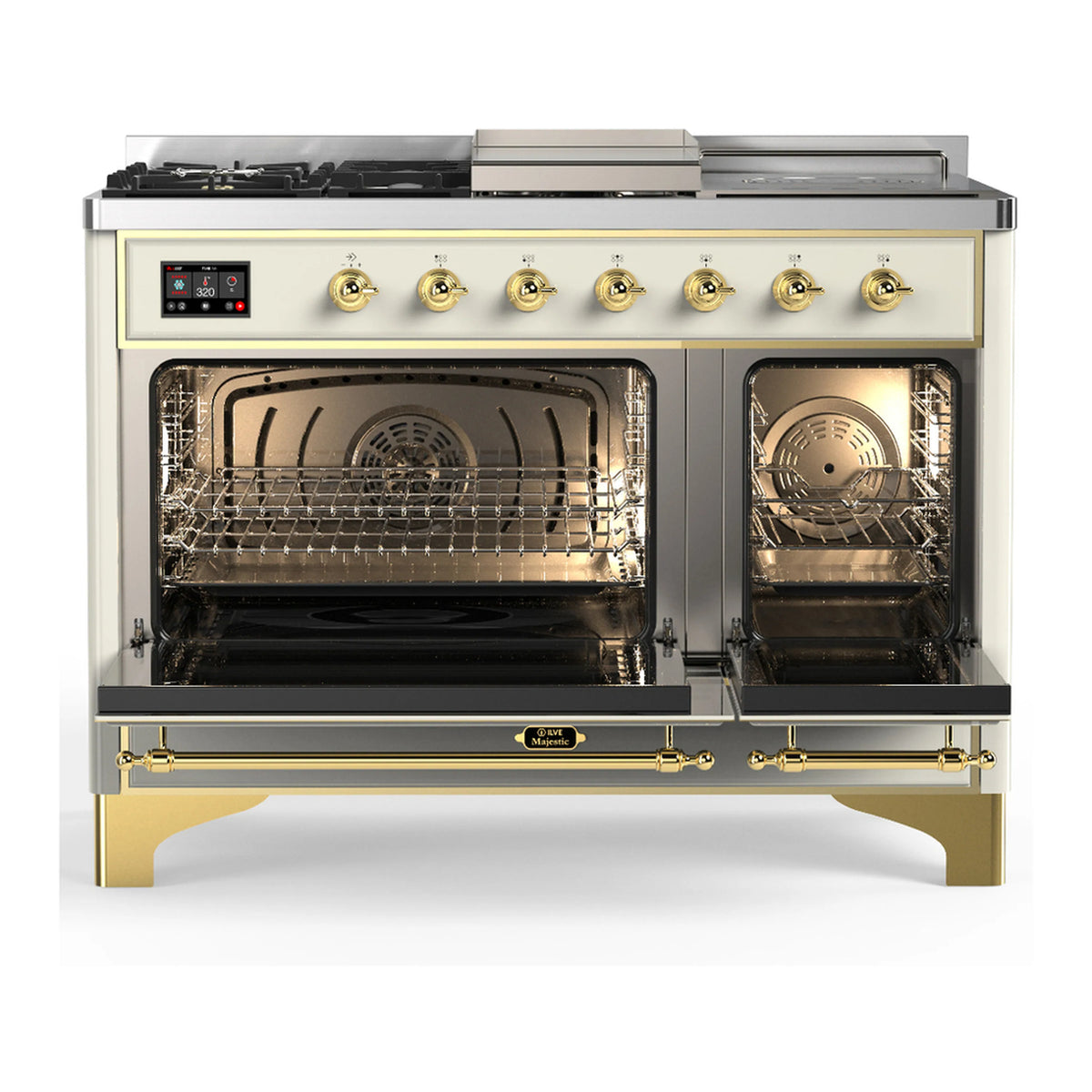 Antique white dual fuel range with brass trim, dual open ovens and control panel