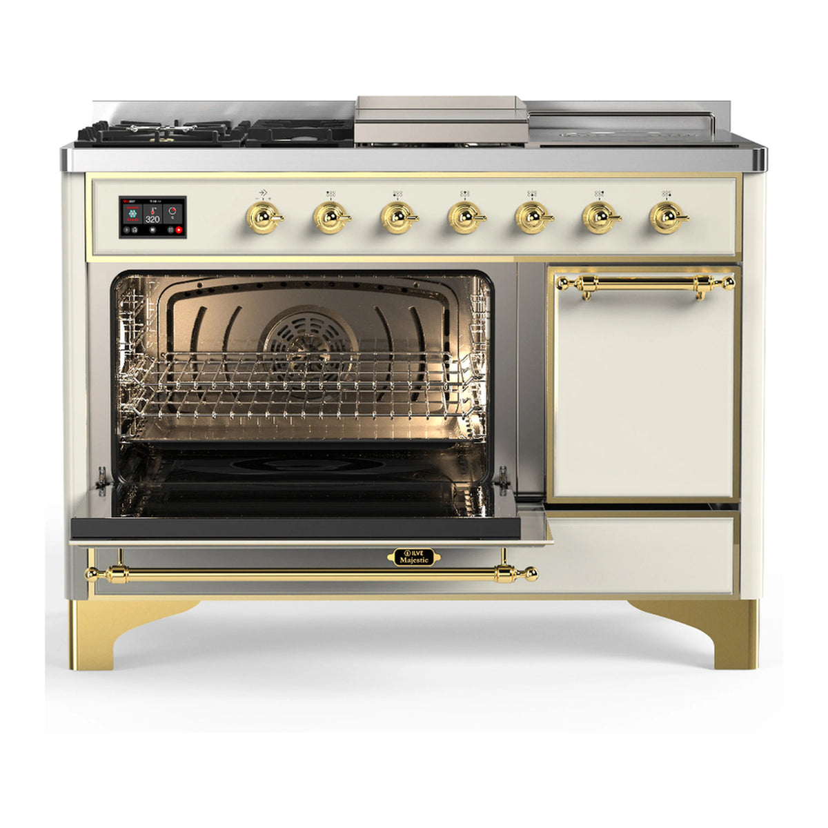 Antique white dual fuel range with brass trim, open oven and left French-top style cook area