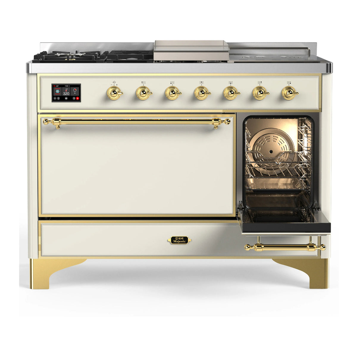 Antique white dual fuel range with brass trim, closed oven door and side open oven window