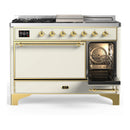 ILVE Majestic III 48-inch Dual Fuel Range with 5 Natural Gas Burner, Griddle, French Top and Solid Door Electric Oven in Antique White with Brass Trim (UM48FSQNR3AWG)