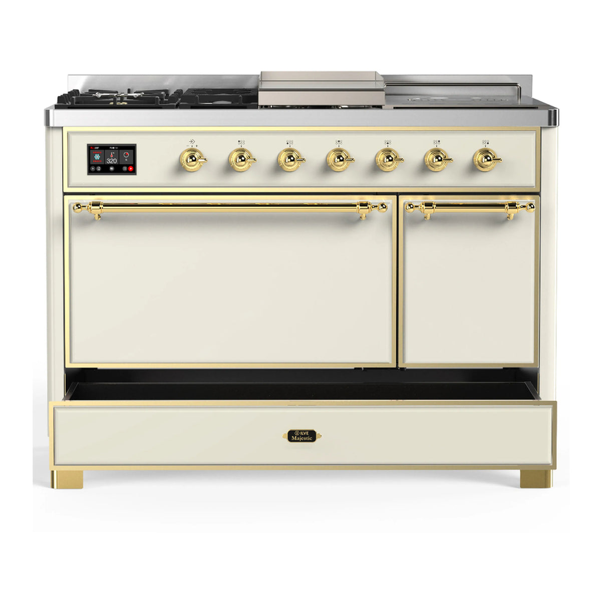 Antique white dual fuel range with brass trim, front doors and row of brass control knobs