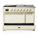 ILVE Majestic III 48-inch Dual Fuel Range with 5 Natural Gas Burner, Griddle, French Top and Solid Door Electric Oven in Antique White with Brass Trim (UM48FSQNR3AWG)