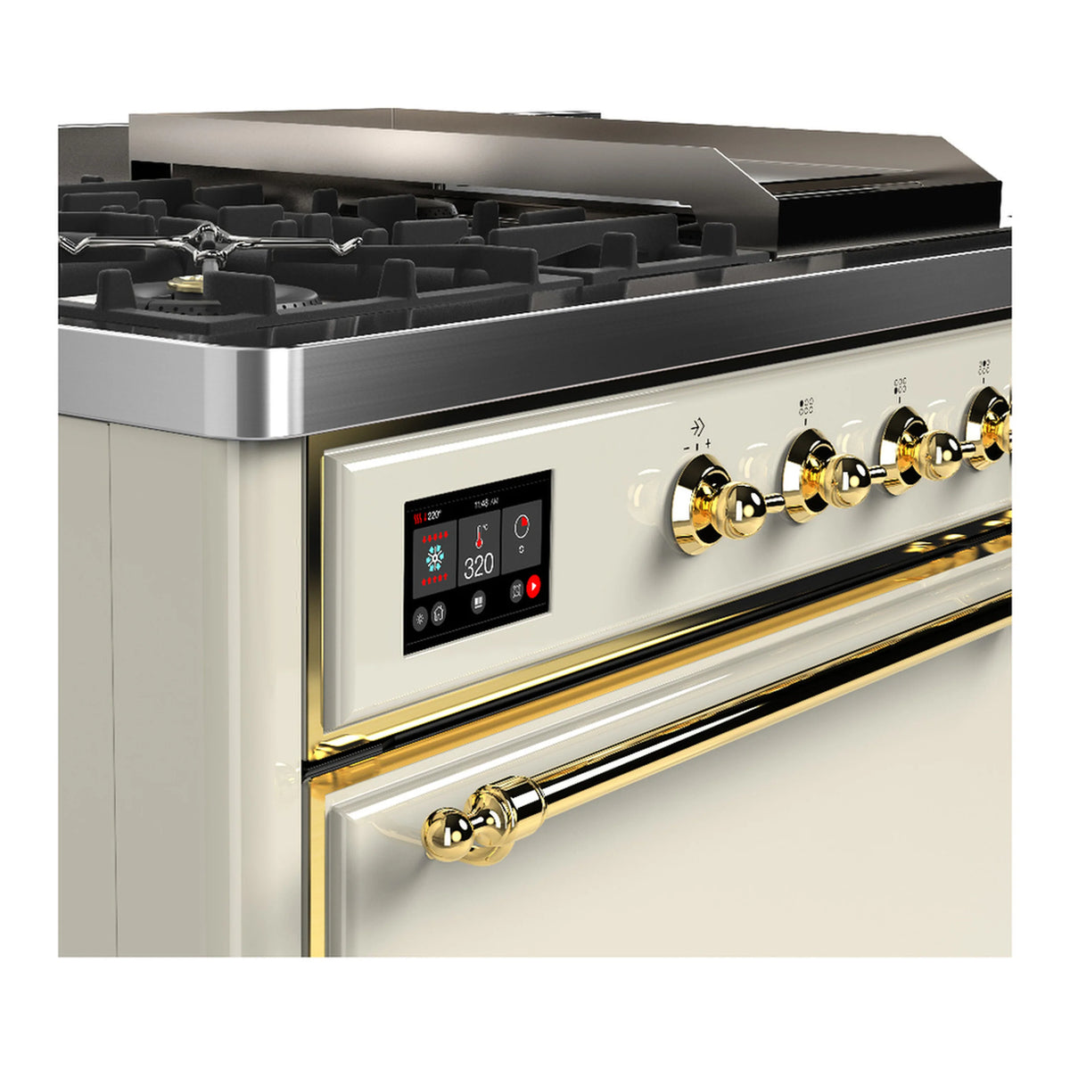 Antique white dual fuel range control panel with brass handles and gold knob accents