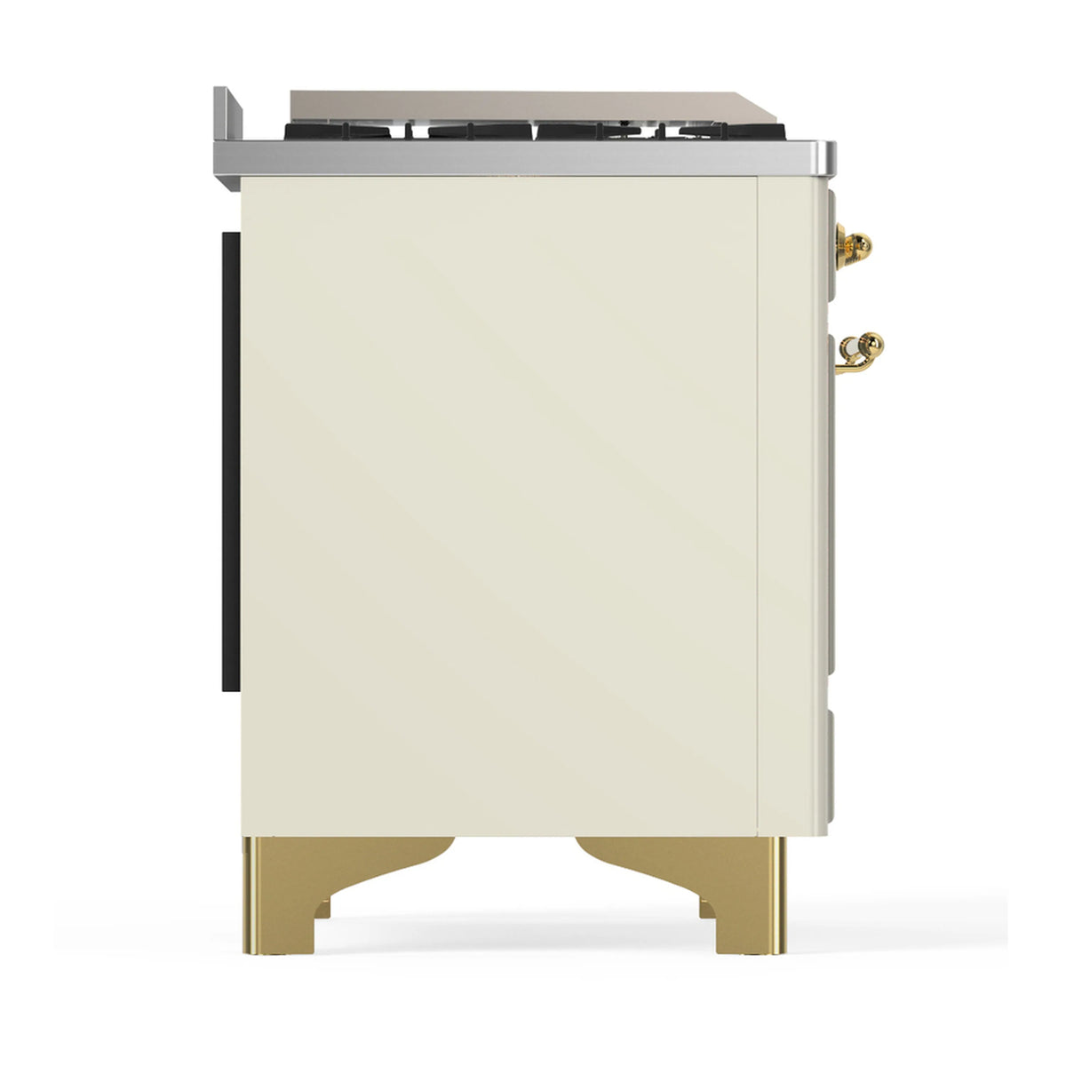 Antique white dual fuel range side view with brass trim legs and top burner section