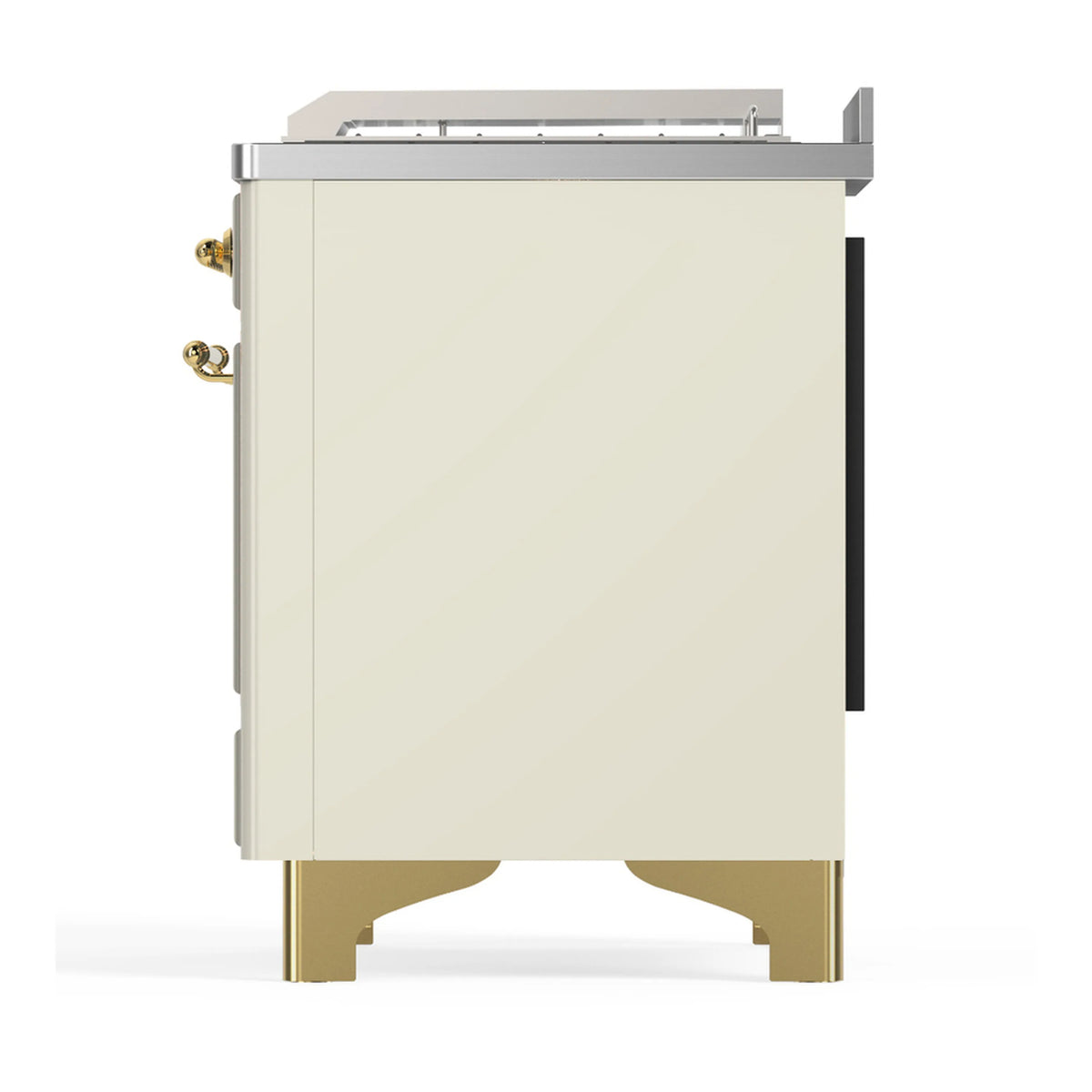 Antique white range side panel with brass trim and rear oven cabinet edges