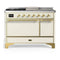 ILVE Majestic III 48-inch Dual Fuel Range with 5 Natural Gas Burner, Griddle, French Top and Solid Door Electric Oven in Antique White with Brass Trim (UM48FSQNR3AWG)