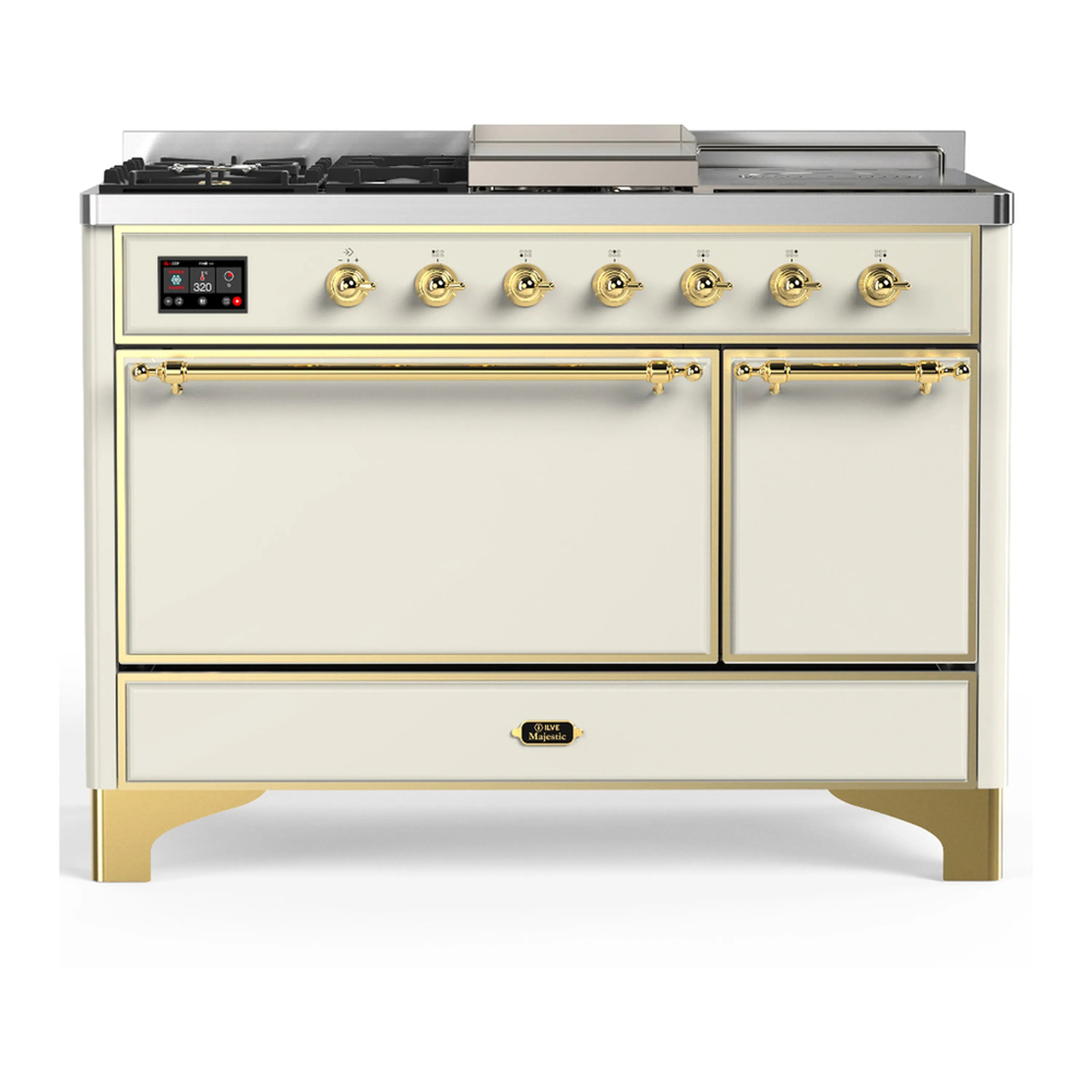 Antique white dual fuel range with brass trim, two doors and control panel in front view
