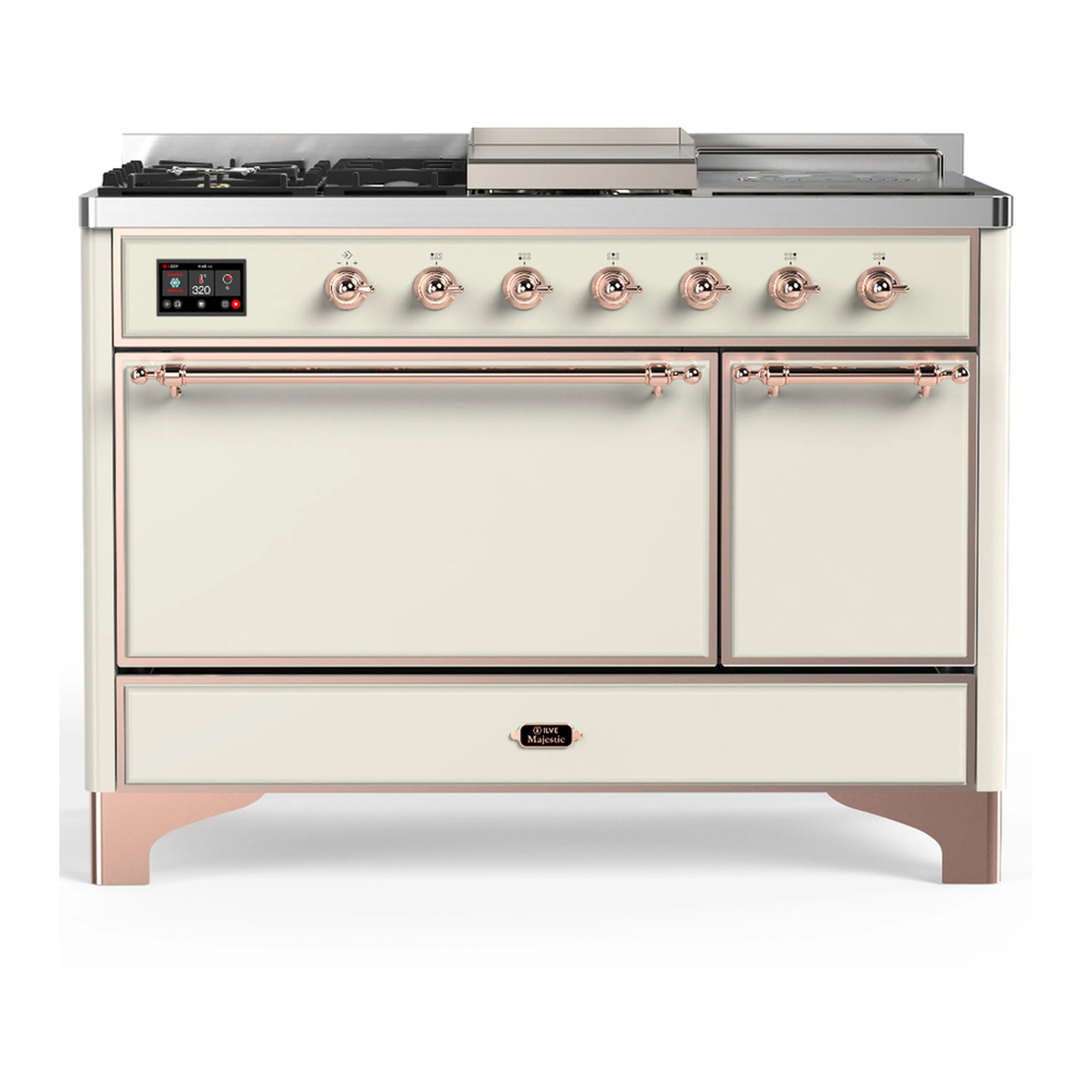 Antique white dual-fuel range with copper trim, two closed doors and row of burner knobs.