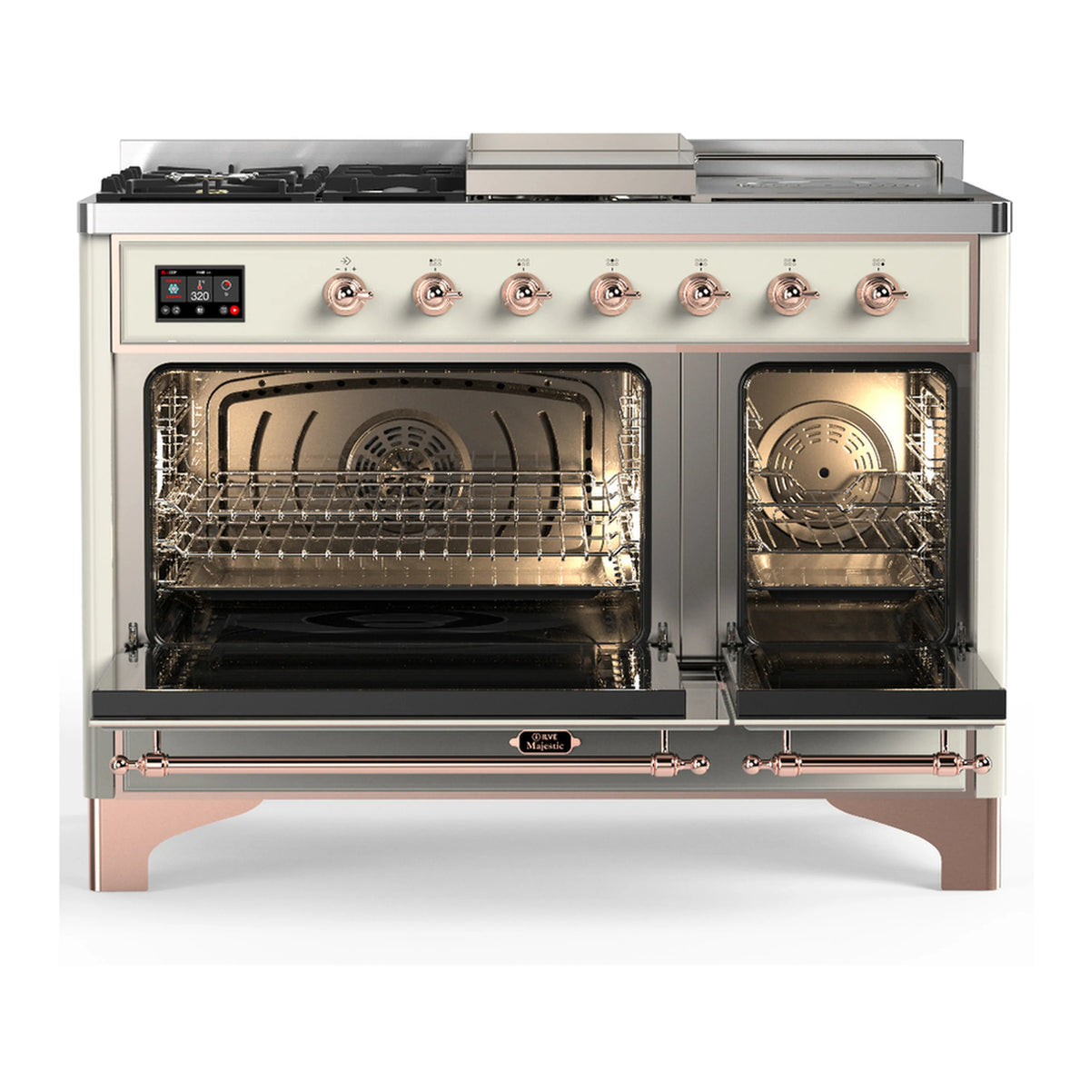 Antique white dual-fuel range with copper knobs, open ovens, and griddle-style front panel.