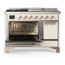 ILVE Majestic III 48-inch Dual Fuel Range with 5 Liquid Propane Burner, Griddle, French Top and Solid Door Electric Oven in Antique White with Copper Trim (UM48FSQNR3AWPLP)