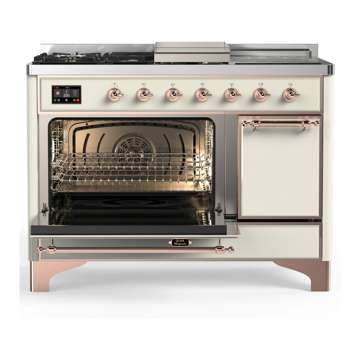 Antique white dual fuel range with copper trim; open oven shows interior racks and heating elements