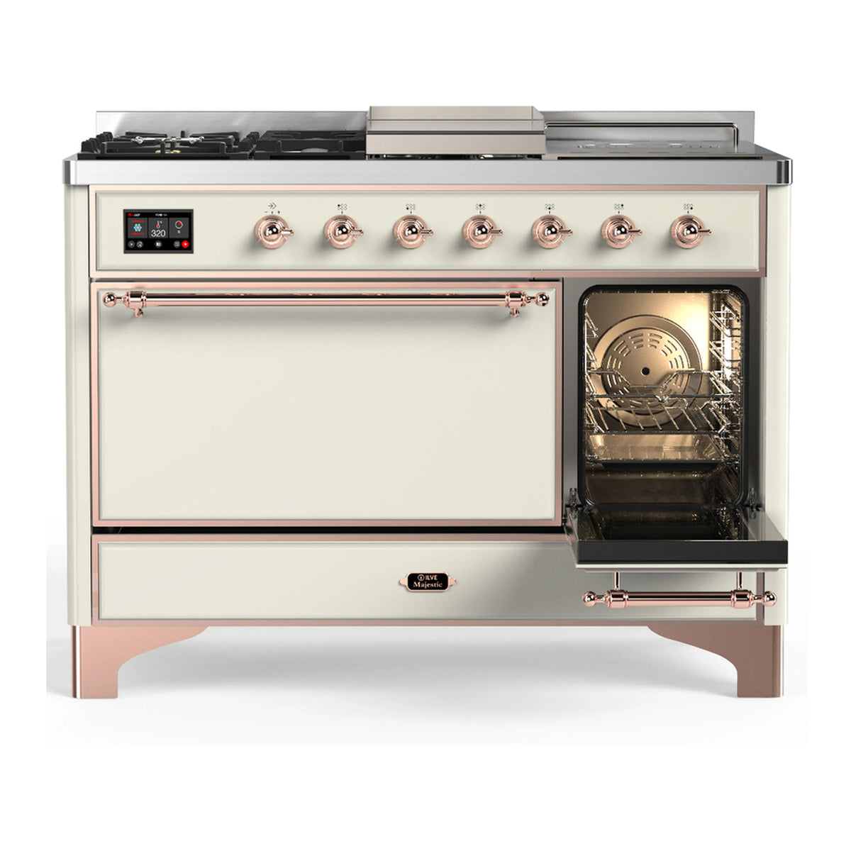 Antique white dual fuel range with copper trim; one oven door open showing interior racks