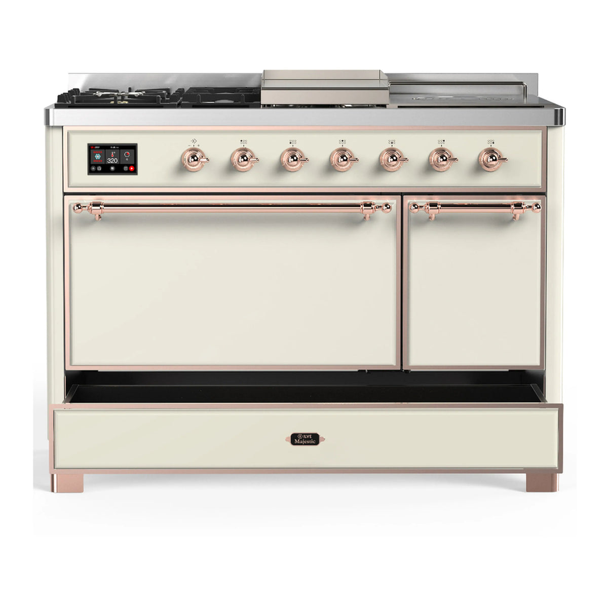 Antique white dual-fuel range with copper trim, two closed doors and front storage drawer.