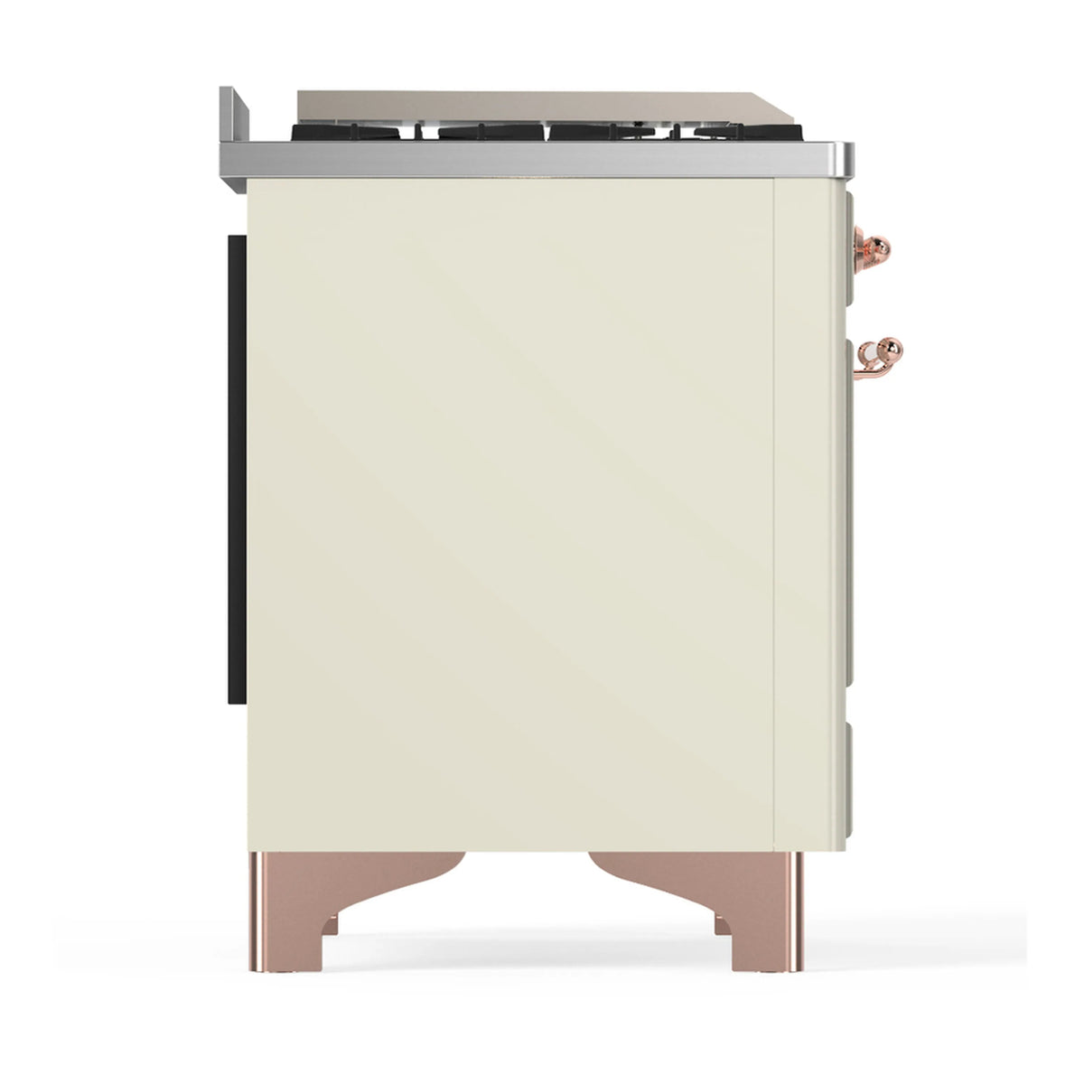 Antique white dual fuel range side panel with copper accents and grounded side opening