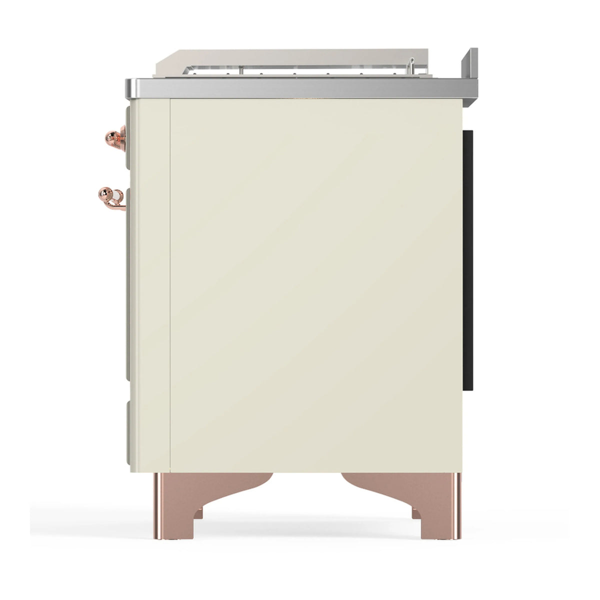 Antique white dual fuel range side panel with copper trim and enclosed access cover