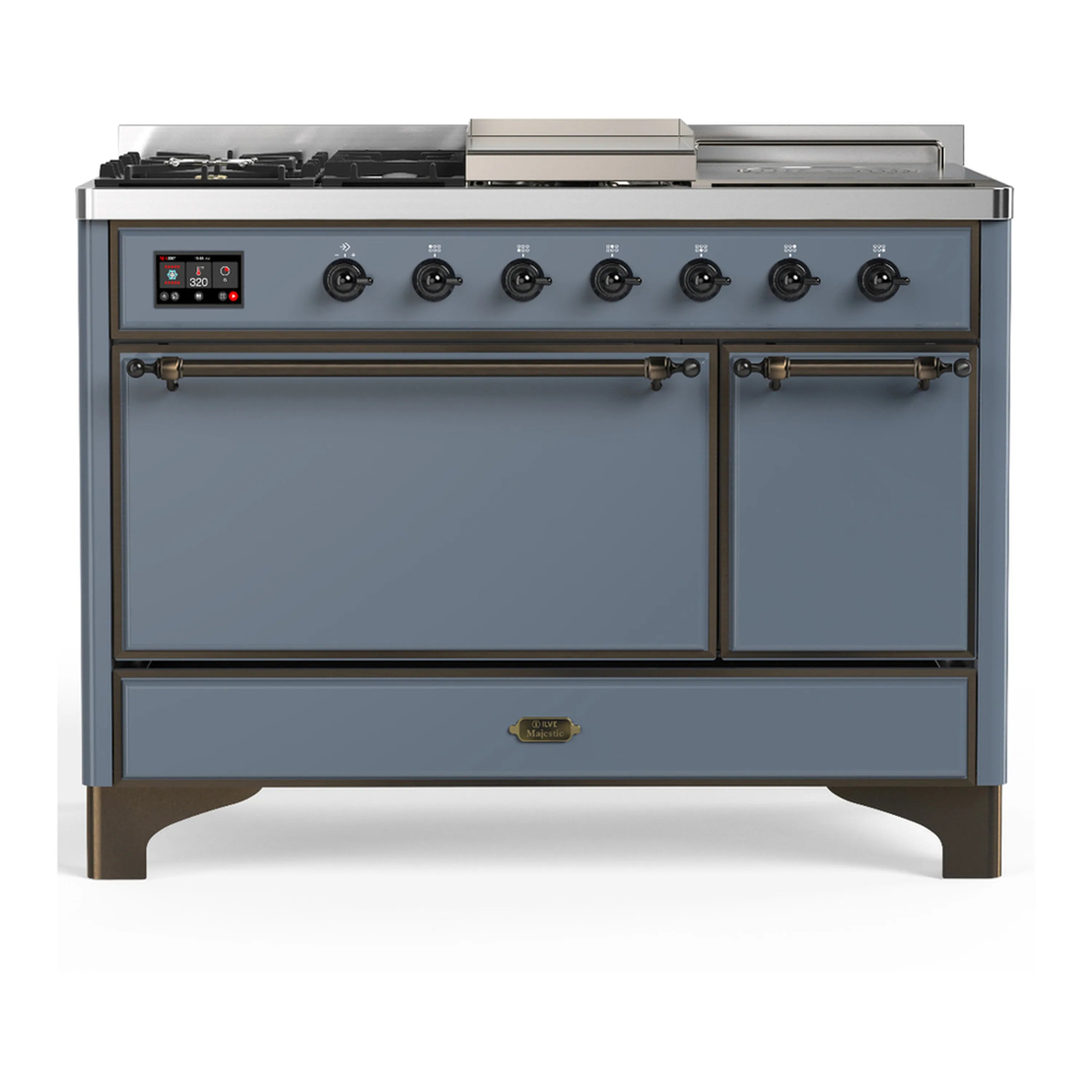 Blue-grey dual fuel range with solid doors, black burner knobs, and stainless control panel