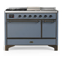 ILVE Majestic III 48-inch Dual Fuel Range with 5 Liquid Propane Burner, Griddle, French Top and Solid Door Electric Oven in Blue Grey with Burnished Trim (UM48FSQNR3BGBLP)