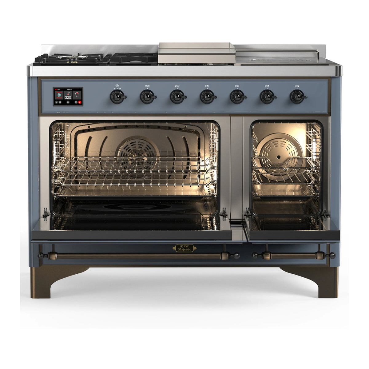 Blue-grey dual fuel range with oven door open, showing interior racks and heating element