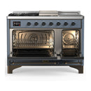 ILVE Majestic III 48-inch Dual Fuel Range with 5 Natural Gas Burner, Griddle, French Top and Solid Door Electric Oven in Blue Grey with Burnished Trim (UM48FSQNR3BGB)