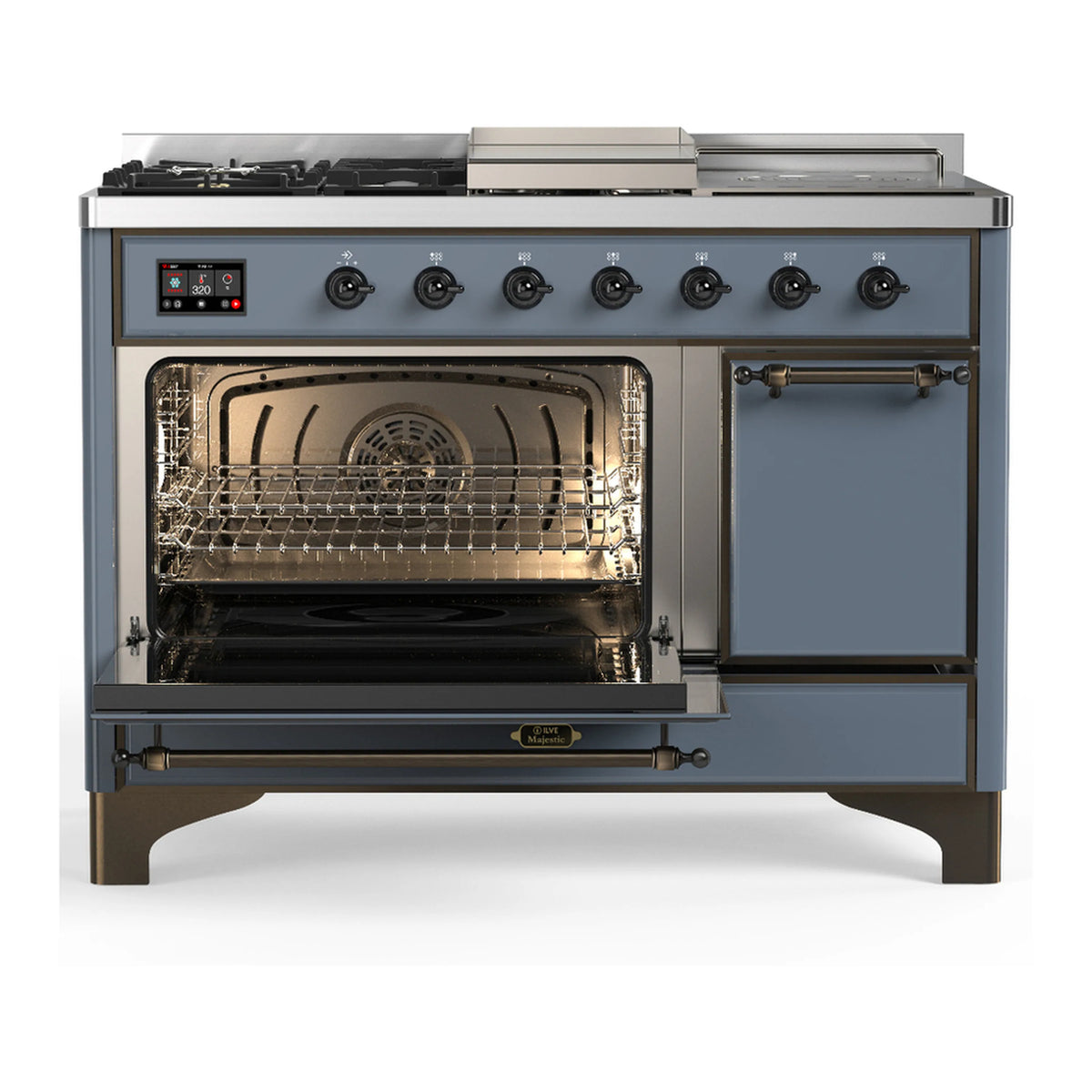 Blue-grey dual fuel range with oven door open and grates visible in the heated cavity