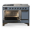 ILVE Majestic III 48-inch Dual Fuel Range with 5 Natural Gas Burner, Griddle, French Top and Solid Door Electric Oven in Blue Grey with Burnished Trim (UM48FSQNR3BGB)