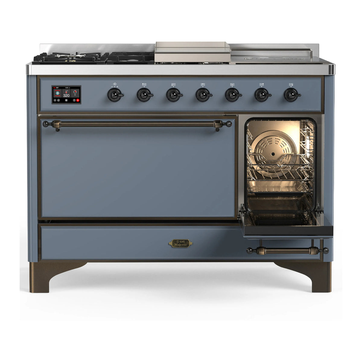 Blue-grey dual fuel range with left door closed and right oven door open