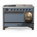 ILVE Majestic III 48-inch Dual Fuel Range with 5 Liquid Propane Burner, Griddle, French Top and Solid Door Electric Oven in Blue Grey with Burnished Trim (UM48FSQNR3BGBLP)