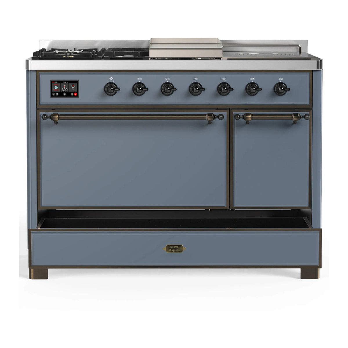 Blue-grey dual fuel range with two upper doors and bottom storage drawer