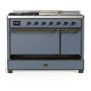 ILVE Majestic III 48-inch Dual Fuel Range with 5 Natural Gas Burner, Griddle, French Top and Solid Door Electric Oven in Blue Grey with Burnished Trim (UM48FSQNR3BGB)