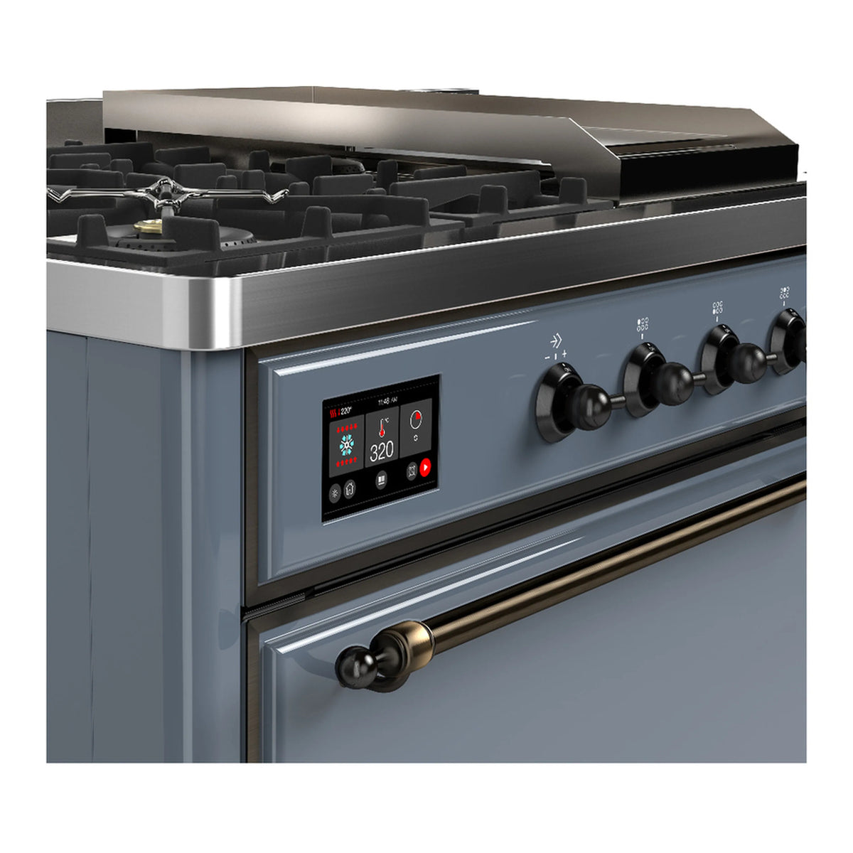 Blue-grey dual fuel range with front burner grates and digital control display