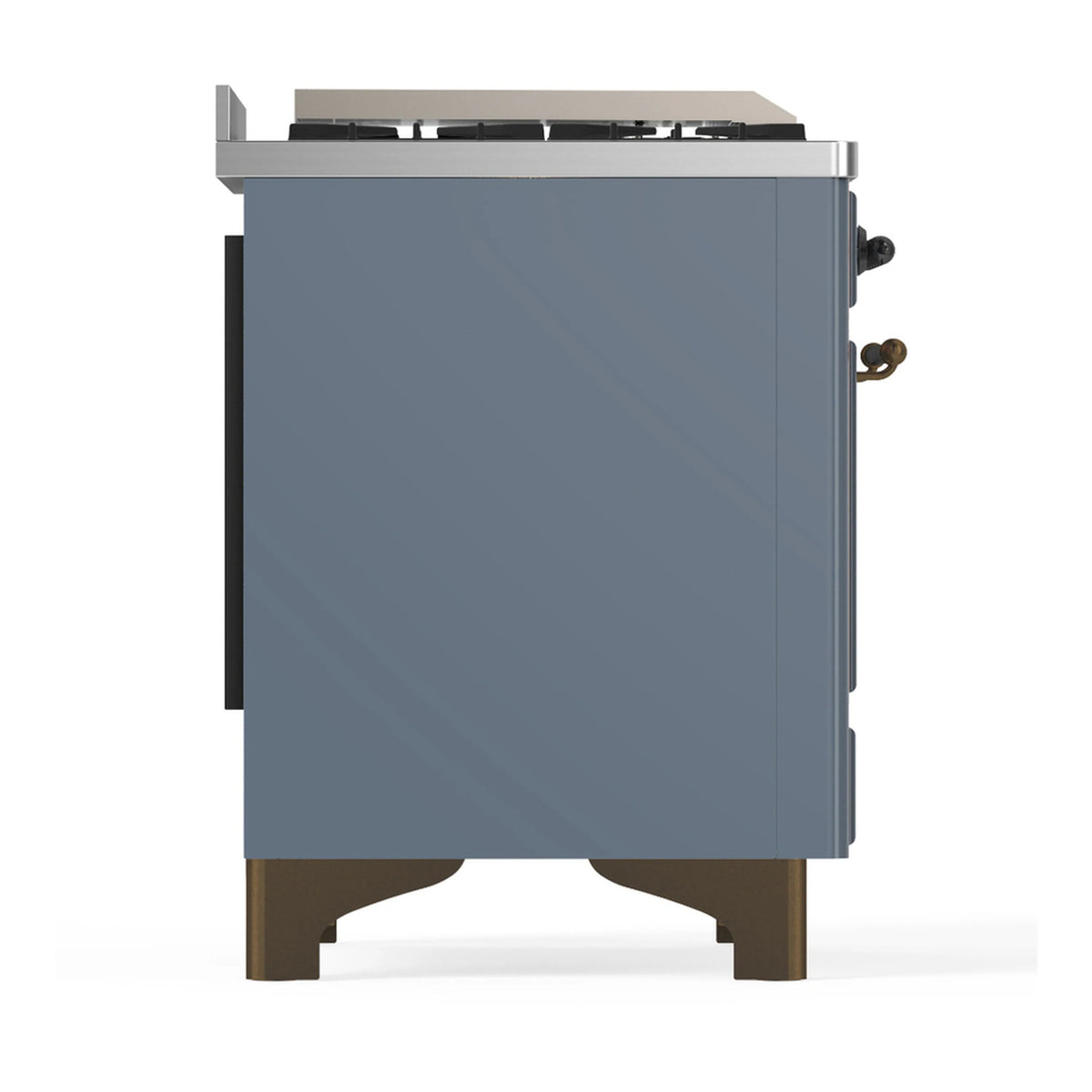 Blue-grey dual fuel range side panel with stainless top and side control knob
