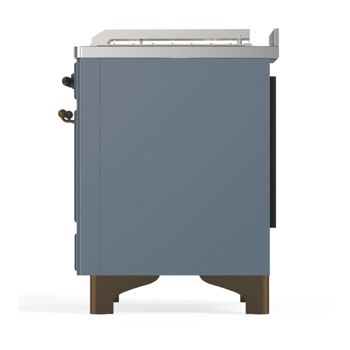 Blue-grey dual fuel range side panel with metal corner trim and hinged access handle