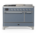 ILVE Majestic III 48-inch Dual Fuel Range with 5 Natural Gas Burner, Griddle, French Top and Solid Door Electric Oven in Blue Grey with Chrome Trim (UM48FSQNR3BGC)