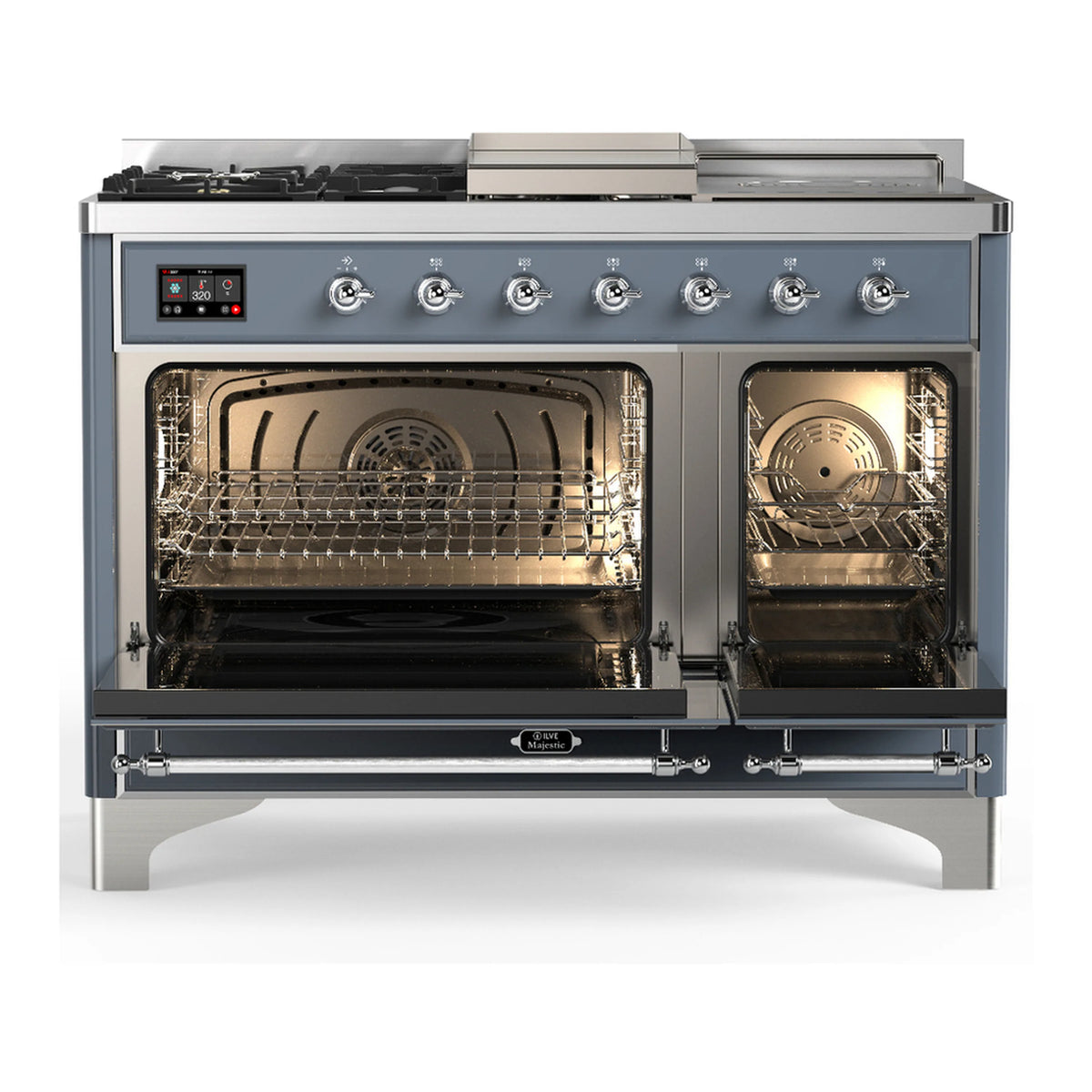 Blue grey dual fuel range with both oven compartments open, showing racks and interiors